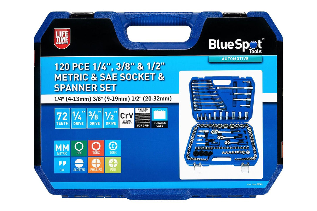 BLUE SPOT TOOLS 120 PCE 1/4", 3/8" & 1/2" METRIC & SAE SOCKET & SPANNER SET (1/4" 4-13MM) (3/8" 9-19MM) (1/2" 20-32MM) - Premium Automotive from BLUE SPOT - Just £131.95! Shop now at Bargain LAB