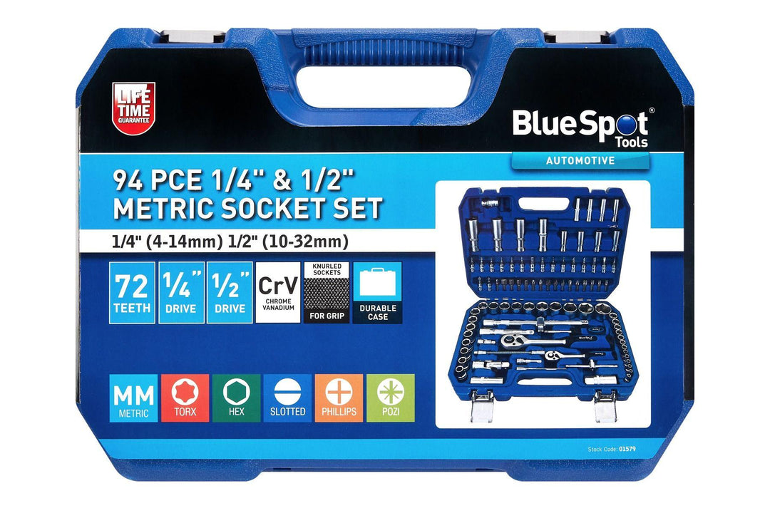 BLUE SPOT TOOLS 94 PCE 1/4" & 1/2" METRIC SOCKET SET (1/4" 4-14MM) (1/2" 10-32MM) - Premium Automotive from BLUE SPOT - Just £96.99! Shop now at Bargain LAB