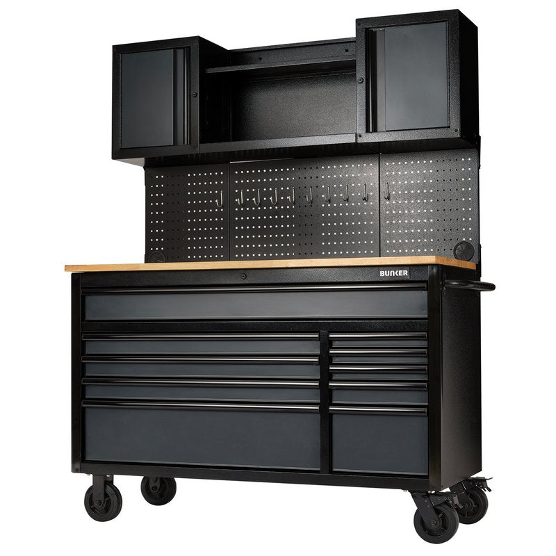 DRAPER | BUNKER® 10 Drawer Roller Workstation with Workbench, 56", Grey