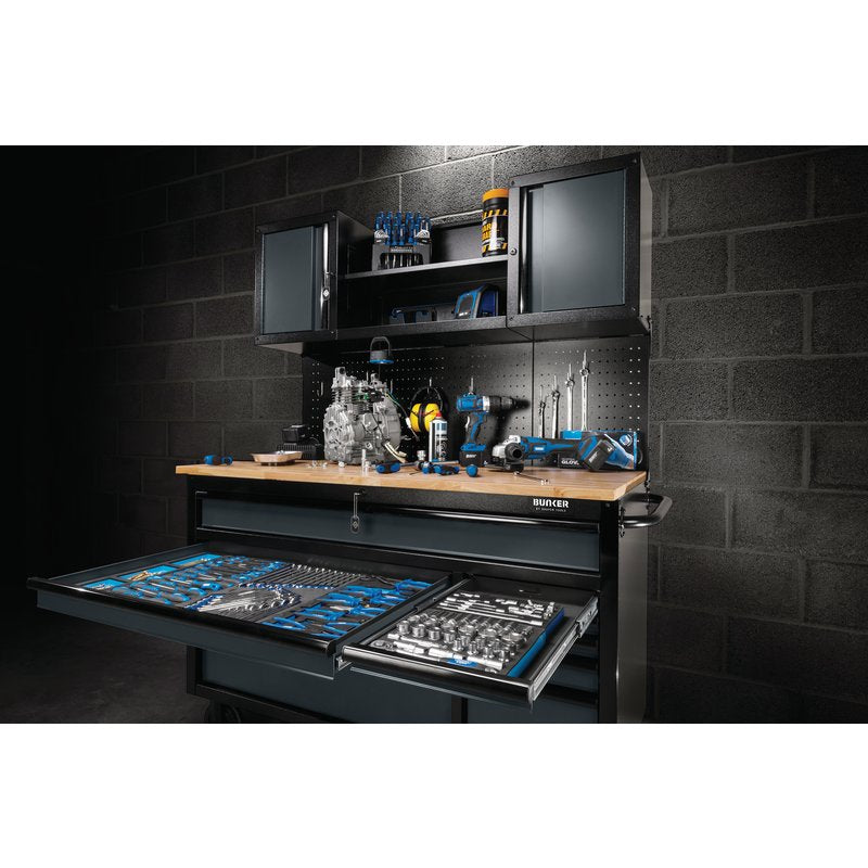 DRAPER | BUNKER® 10 Drawer Roller Workstation with Workbench, 56", Grey