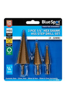 BLUE SPOT TOOLS 3 PCE HEX SHANK HSS STEP DRILL SET (4 - 32MM)