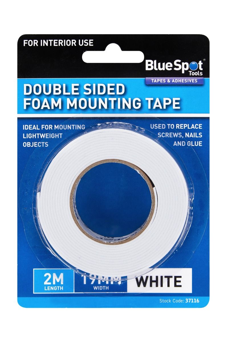 BLUE SPOT TOOLS 19MM X 2M WHITE DOUBLE SIDED FOAM MOUNTING TAPE