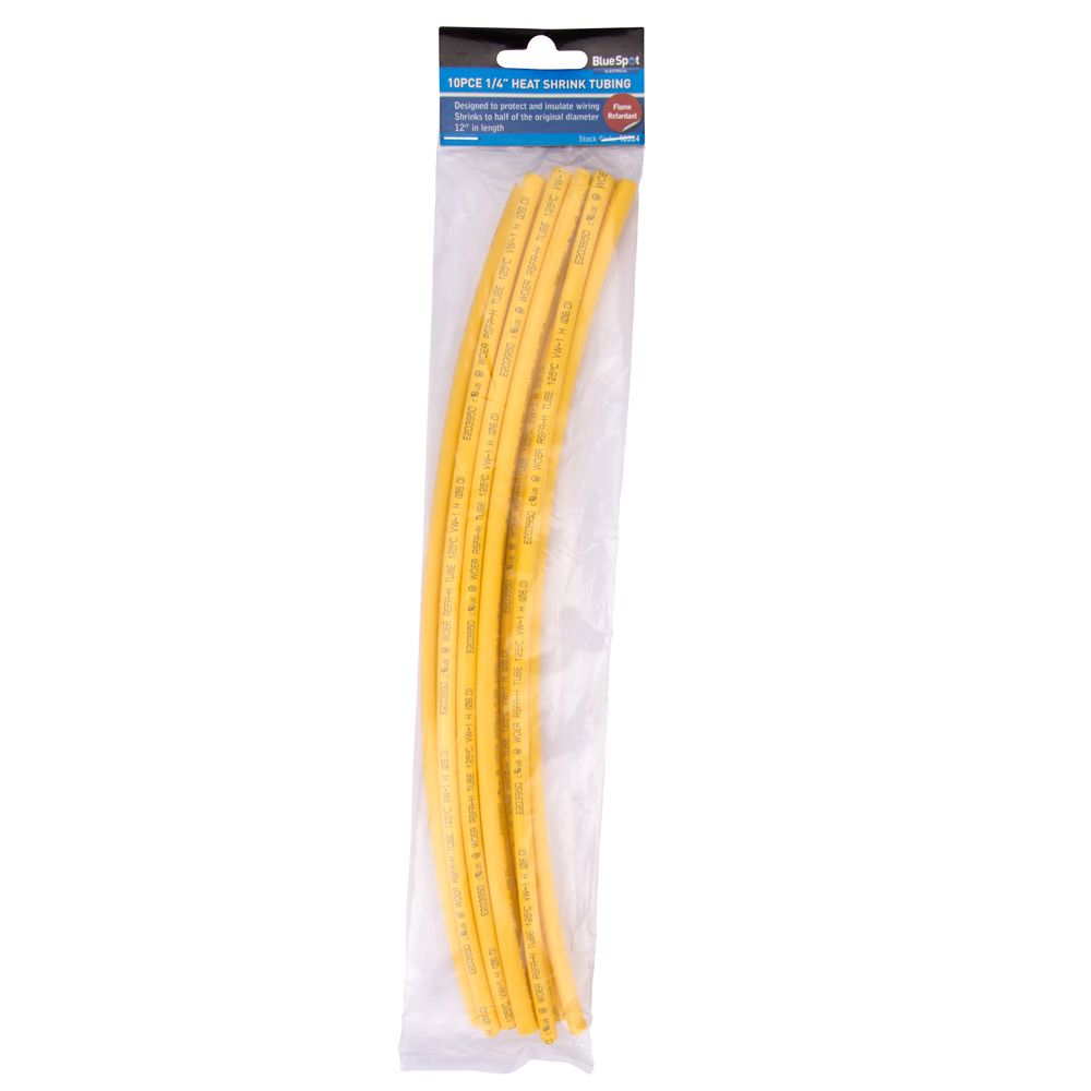 BLUE SPOT TOOLS 10 PCE 300MM (12") 1/4" YELLOW HEAT SHRINK TUBING