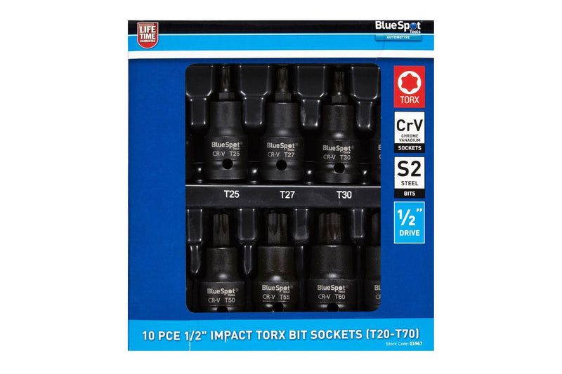 BLUE SPOT TOOLS 10 PCE 1/2" IMPACT TORX BIT SOCKETS (T20-T70) - Premium Automotive from BLUE SPOT - Just £20.99! Shop now at Bargain LAB