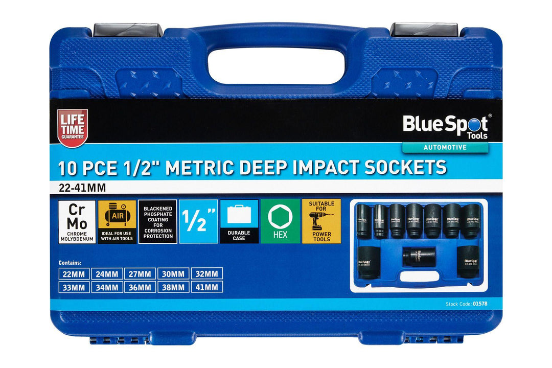 BLUE SPOT TOOLS 10 PCE 1/2" METRIC DEEP IMPACT SOCKETS 22MM-41MM - Premium Automotive from BLUE SPOT - Just £37.95! Shop now at Bargain LAB