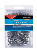 BLUE SPOT TOOLS 100 PCE 4.8MM X 10MM ALUMINIUM RIVETS - Premium Engineering and Metalwork from BLUE SPOT - Just £5.69! Shop now at Bargain LAB