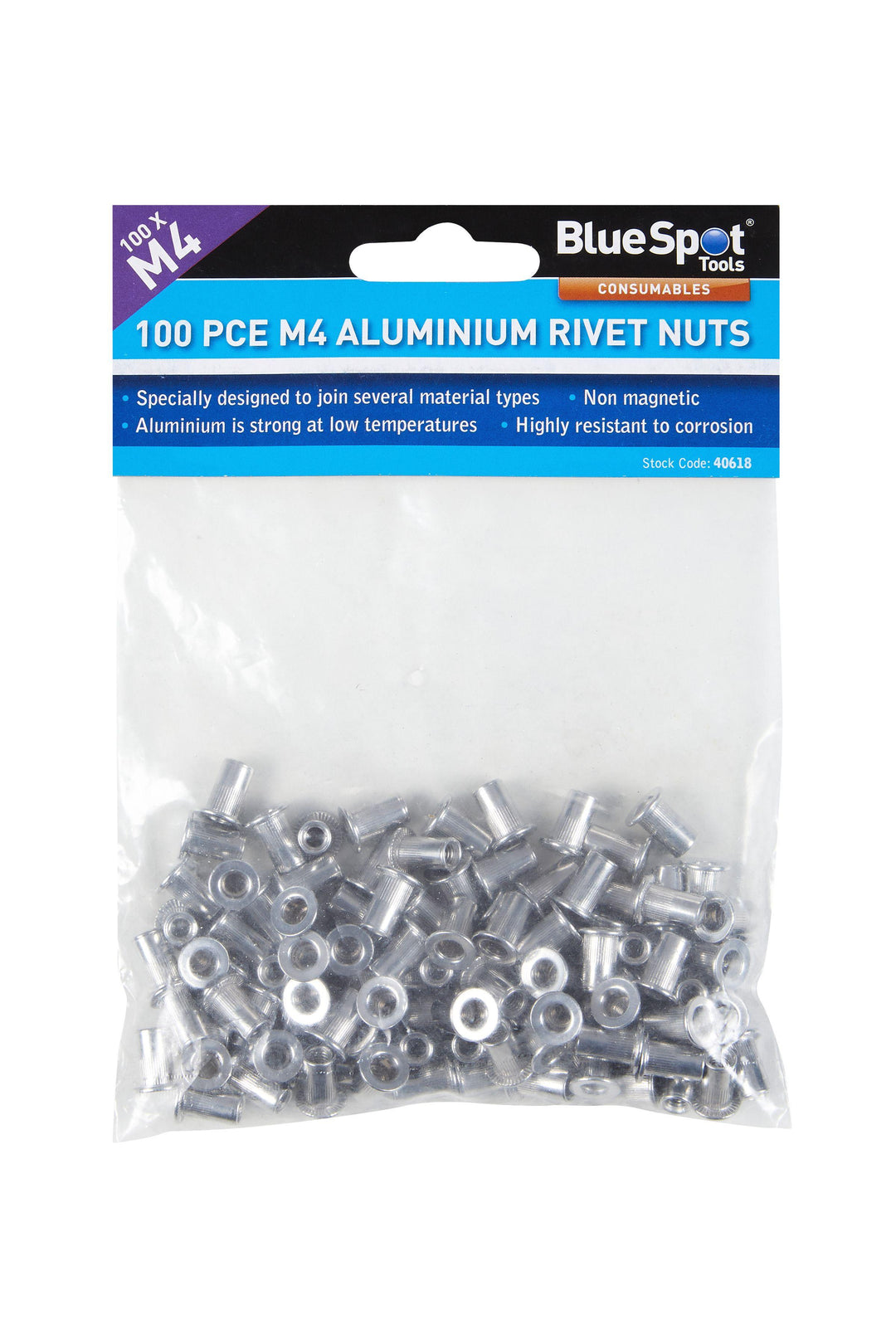 BLUE SPOT TOOLS 100 PCE M4 ALUMINIUM RIVET NUTS - Premium Engineering and Metalwork from BLUE SPOT - Just £7.95! Shop now at Bargain LAB