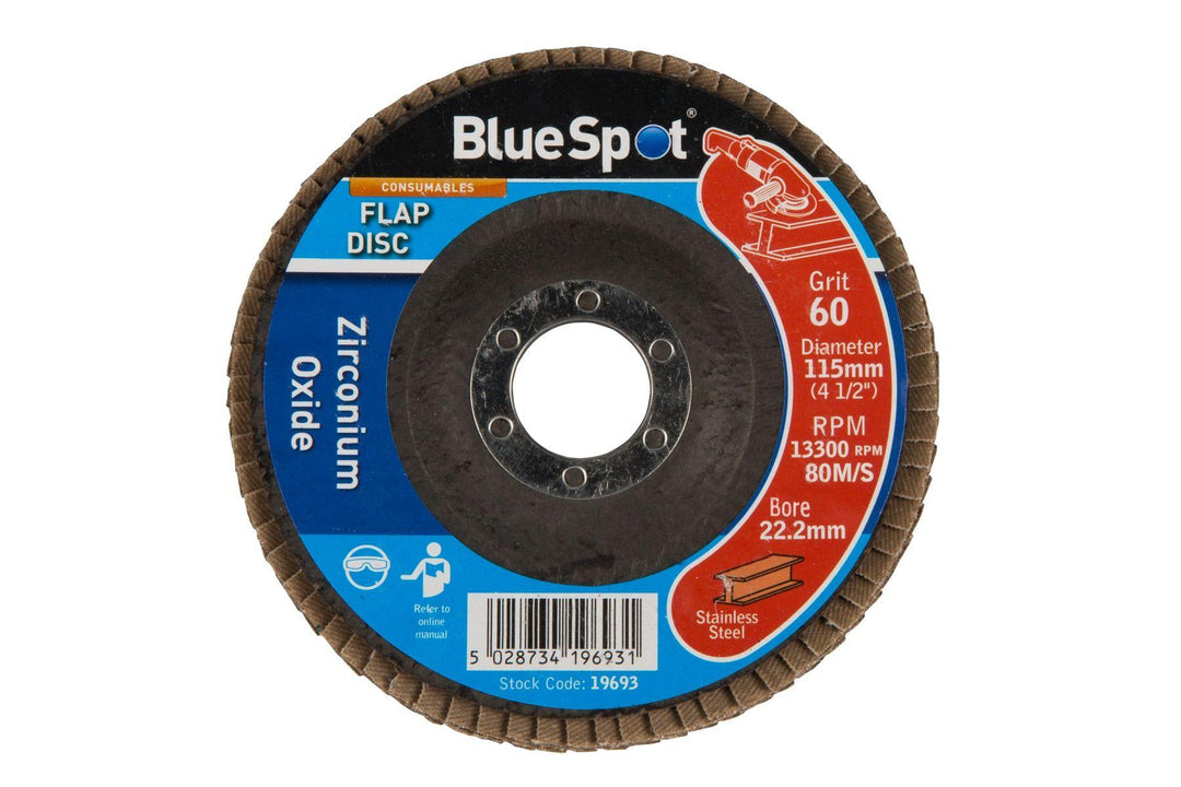 BLUE SPOT TOOLS 115MM (4.5") 60 GRIT ZIRCONIUM OXIDE FLAP DISC - Bargain LAB