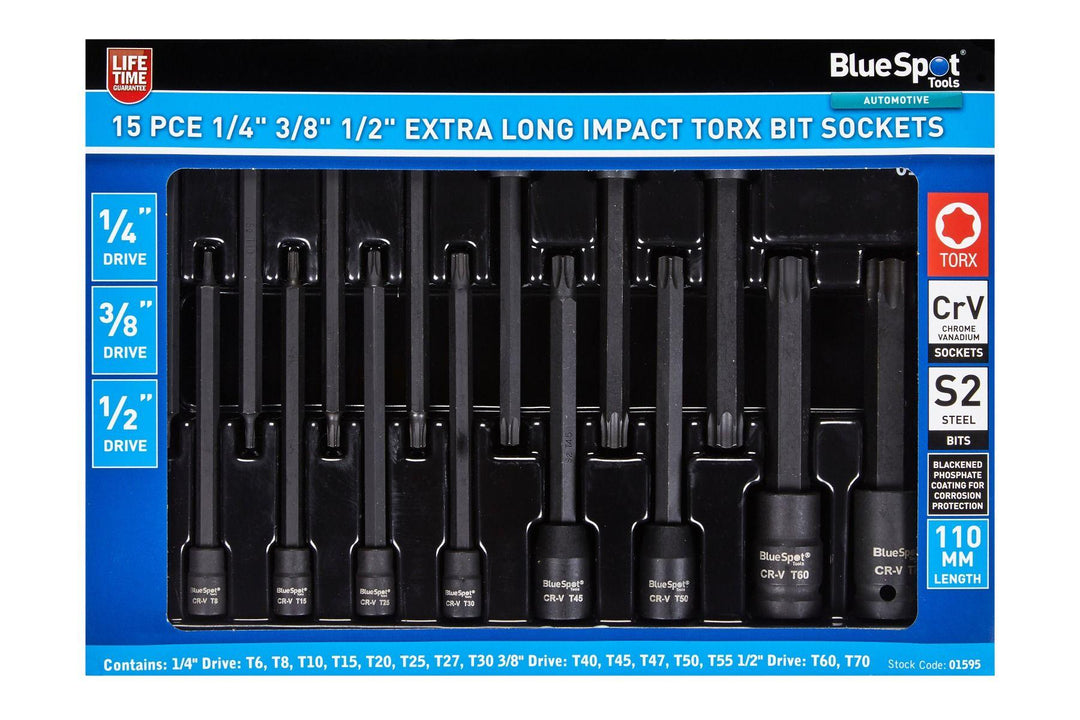 BLUE SPOT TOOLS 15 PCE 1/4" 3/8" 1/2" EXTRA LONG IMPACT TORX BIT SOCKETS - Premium Automotive from BLUE SPOT - Just £23.95! Shop now at Bargain LAB