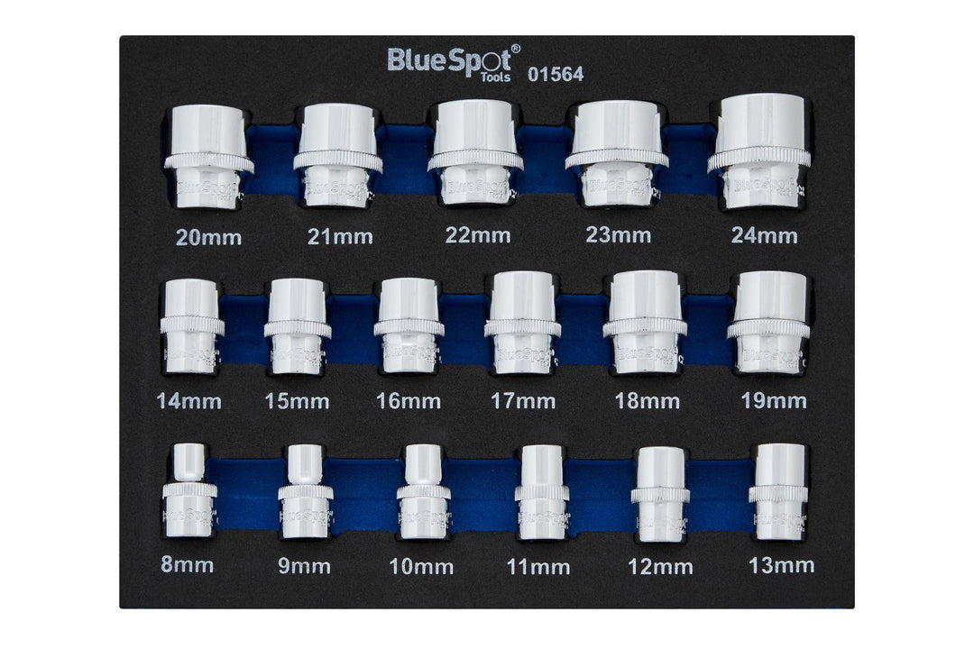 BLUE SPOT TOOLS 17 PCE 3/8" METRIC SHALLOW SOCKETS (8-24MM) (EVA FOAM) - Premium Automotive from BLUE SPOT - Just £18.99! Shop now at Bargain LAB