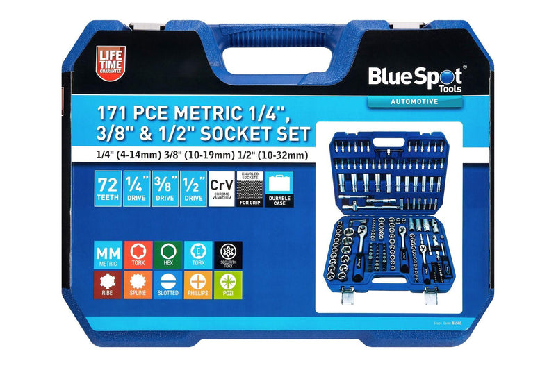 BLUE SPOT TOOLS 171 PCE METRIC 1/4", 3/8" & 1/2" SOCKET SET (1/4" 4-14MM) (3/8" 10-19MM) (1/2" 10-32MM) - Premium Automotive from BLUE SPOT - Just £129.99! Shop now at Bargain LAB