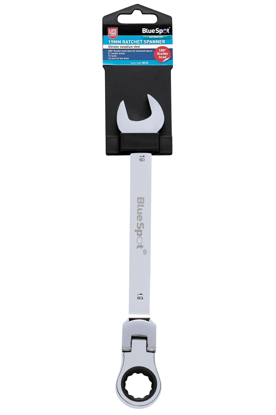 BLUE SPOT TOOLS 19MM CHROME VANADIUM RATCHET SPANNER FLEXIBLE HEAD (180°) - Premium Automotive from BLUE SPOT - Just £11.99! Shop now at Bargain LAB