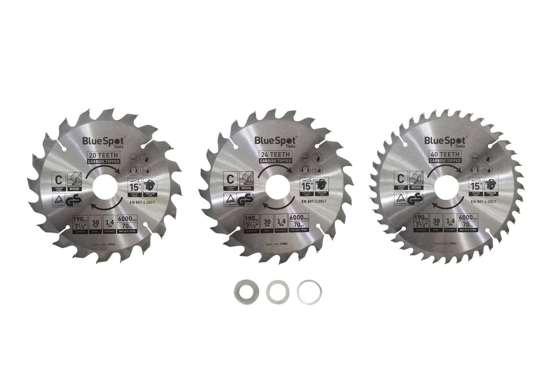 BLUE SPOT TOOLS 3 PCE 190MM X 30MM TCT CIRCULAR SAW BLADES (20, 24 & 40 TEETH) - Bargain LAB