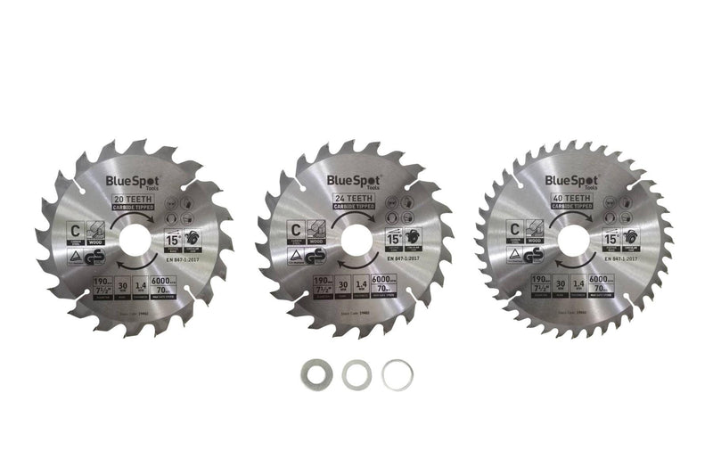 BLUE SPOT TOOLS 3 PCE 190MM X 30MM TCT CIRCULAR SAW BLADES (20, 24 & 40 TEETH) - Bargain LAB