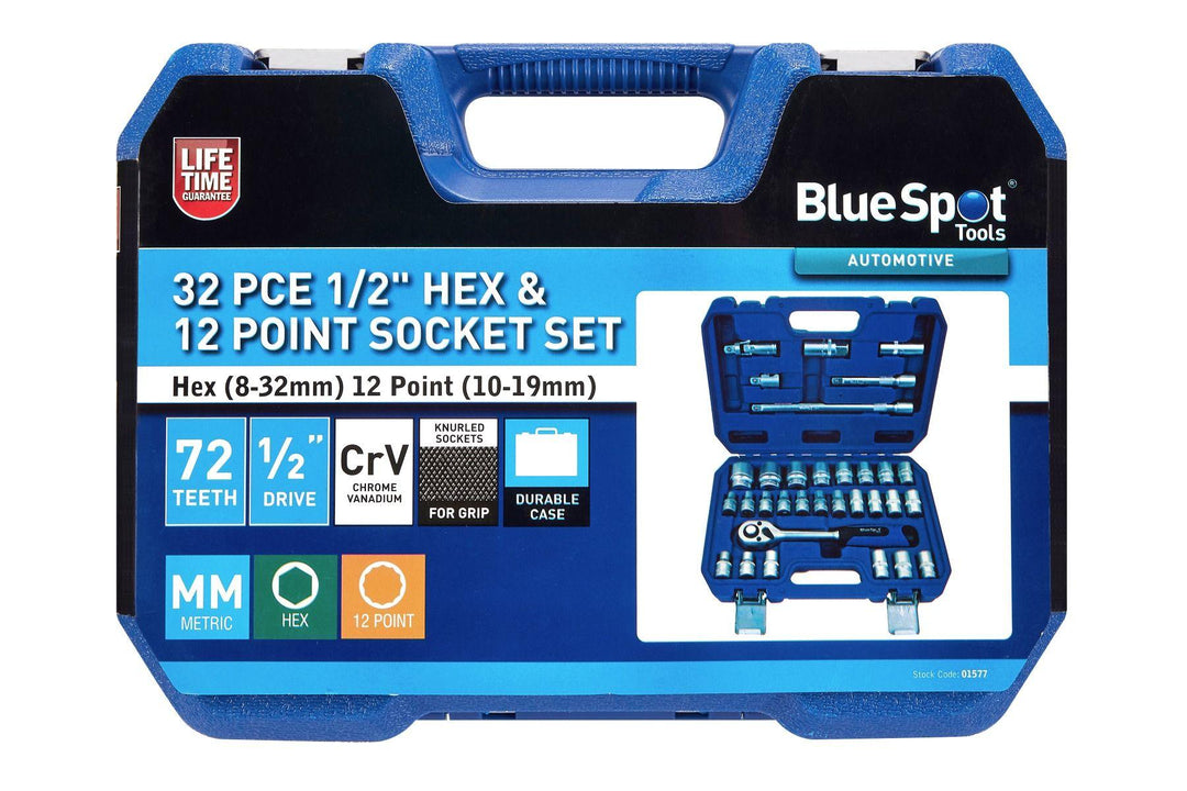 BLUE SPOT TOOLS 32 PCE 1/2" HEX & 12 POINT SOCKET SET (HEX 8-32MM) (12 POINT 10-19MM) - Premium Automotive from BLUE SPOT - Just £54.99! Shop now at Bargain LAB