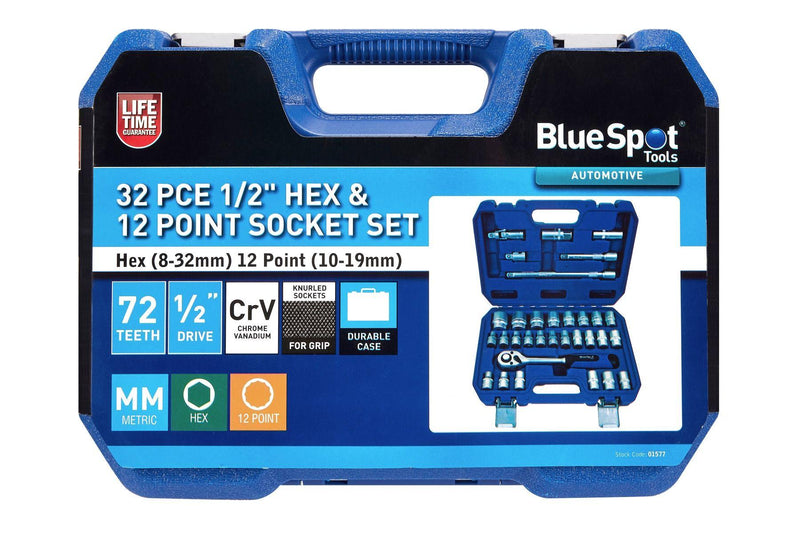 BLUE SPOT TOOLS 32 PCE 1/2" HEX & 12 POINT SOCKET SET (HEX 8-32MM) (12 POINT 10-19MM) - Premium Automotive from BLUE SPOT - Just £54.99! Shop now at Bargain LAB