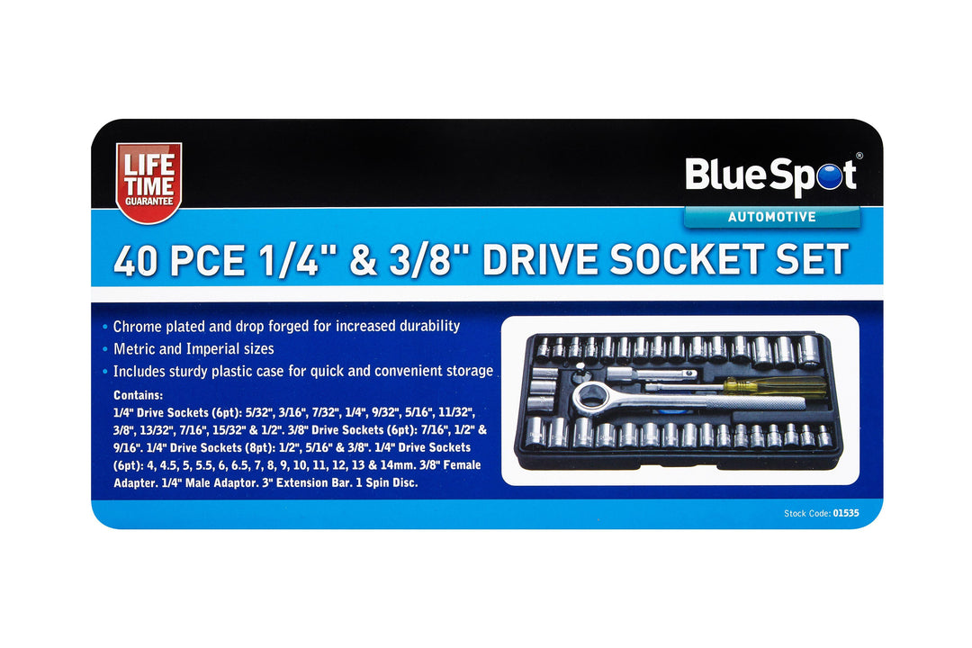 BLUE SPOT TOOLS 40 PCE 1/4" & 3/8" SOCKET SET (4-13MM) (5/32"-3/8") - Premium Automotive from BLUE SPOT - Just £11.49! Shop now at Bargain LAB