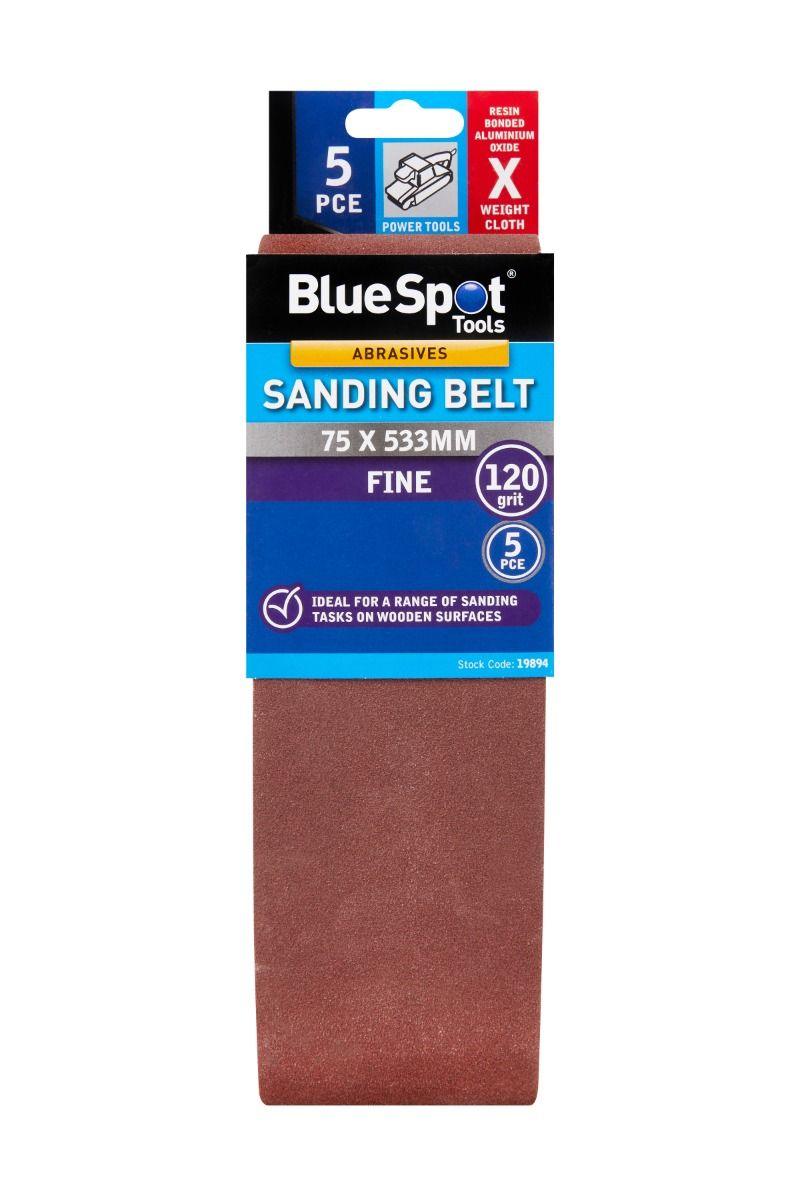 BLUE SPOT TOOLS 5 PCE 75 X 533MM SANDING BELT 120 GRIT - Premium Abrasives from BLUE SPOT - Just £6.99! Shop now at Bargain LAB