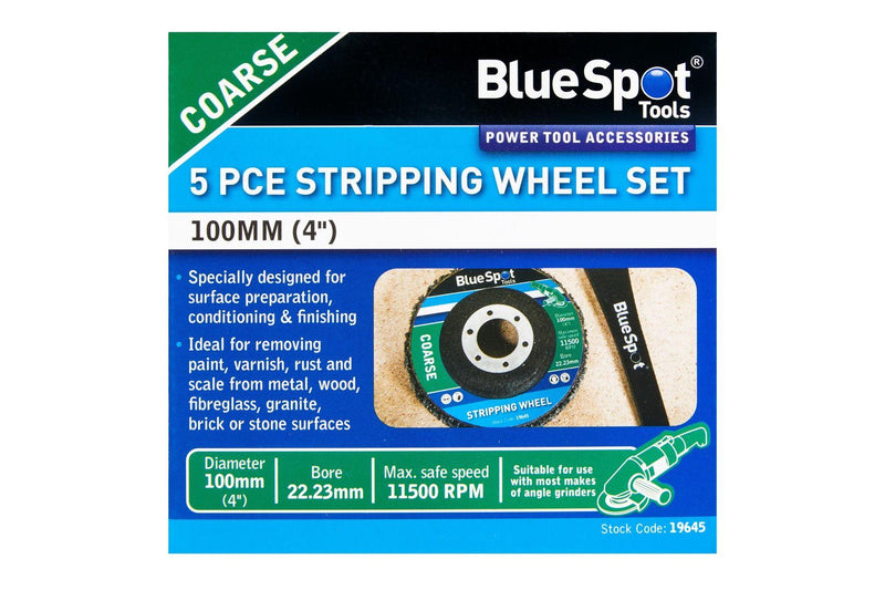 BLUE SPOT TOOLS 5PCE 100MM (4") COARSE STRIPPING WHEEL SET - Premium Abrasives from BLUE SPOT - Just £12.99! Shop now at Bargain LAB