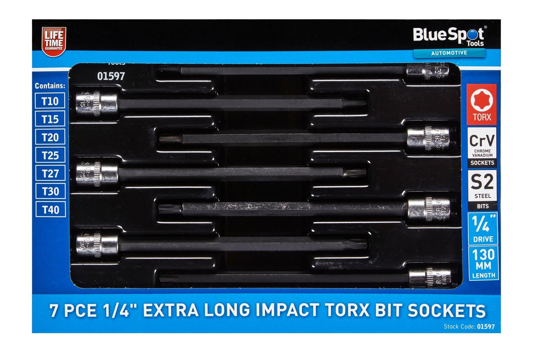 BLUE SPOT TOOLS 7 PCE 1/4" EXTRA LONG IMPACT TORX BIT SOCKETS - Premium Automotive from BLUE SPOT - Just £10.99! Shop now at Bargain LAB