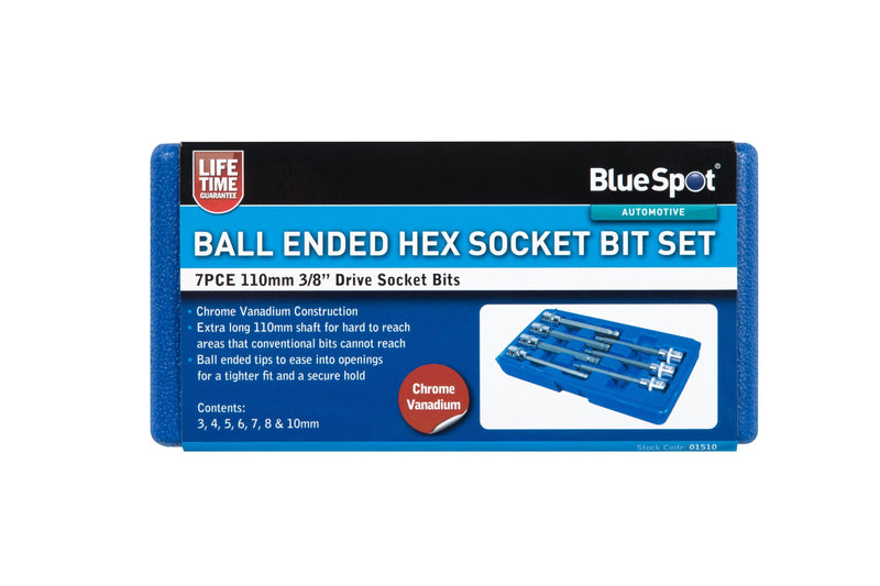 BLUE SPOT TOOLS 7 PCE 3/8" EXTRA LONG BALL ENDED HEX SOCKET BIT SET (H3-H10) - Premium Automotive from BLUE SPOT - Just £12.99! Shop now at Bargain LAB