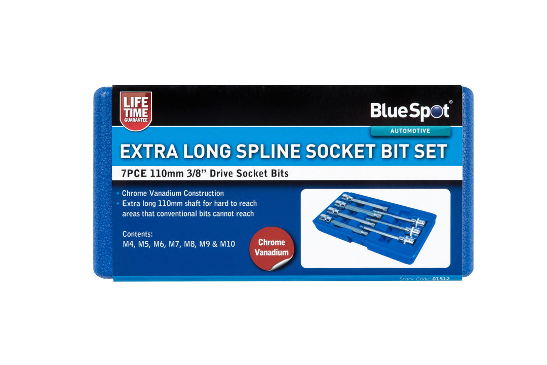 BLUE SPOT TOOLS 7 PCE 3/8" EXTRA LONG SPLINE SOCKET BIT SET (M4 -M10) - Premium Automotive from BLUE SPOT - Just £13.99! Shop now at Bargain LAB