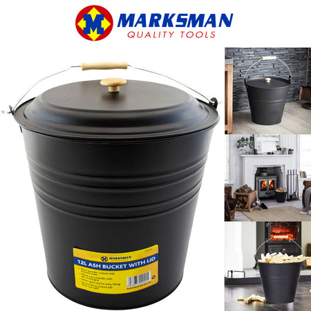 12L MARKSMAN Metal ASH Bucket Lid Wood Handle FIREPLACE CONTAINER Coal Litre UK